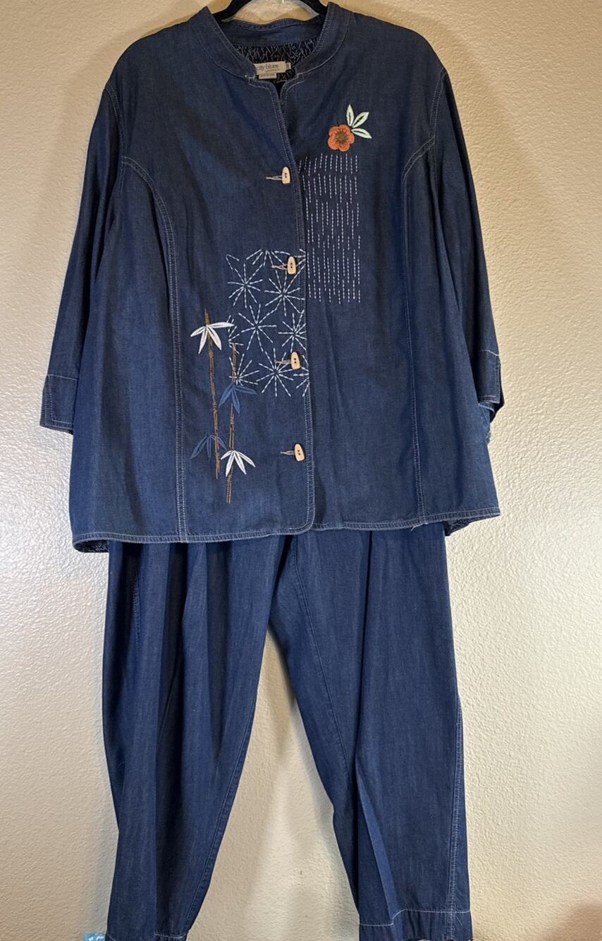 Vtg City Blues by Koret Plus 24W Embroidered Cotton/Tencel Pants Set
